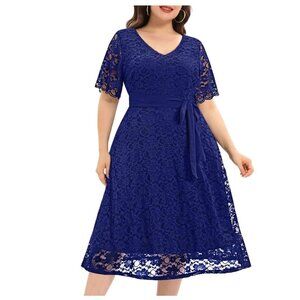 Blue Lace V-Neck‎ Midi Dress w/Tie Size 26W 4X Wedding Cocktail Party Plus Size